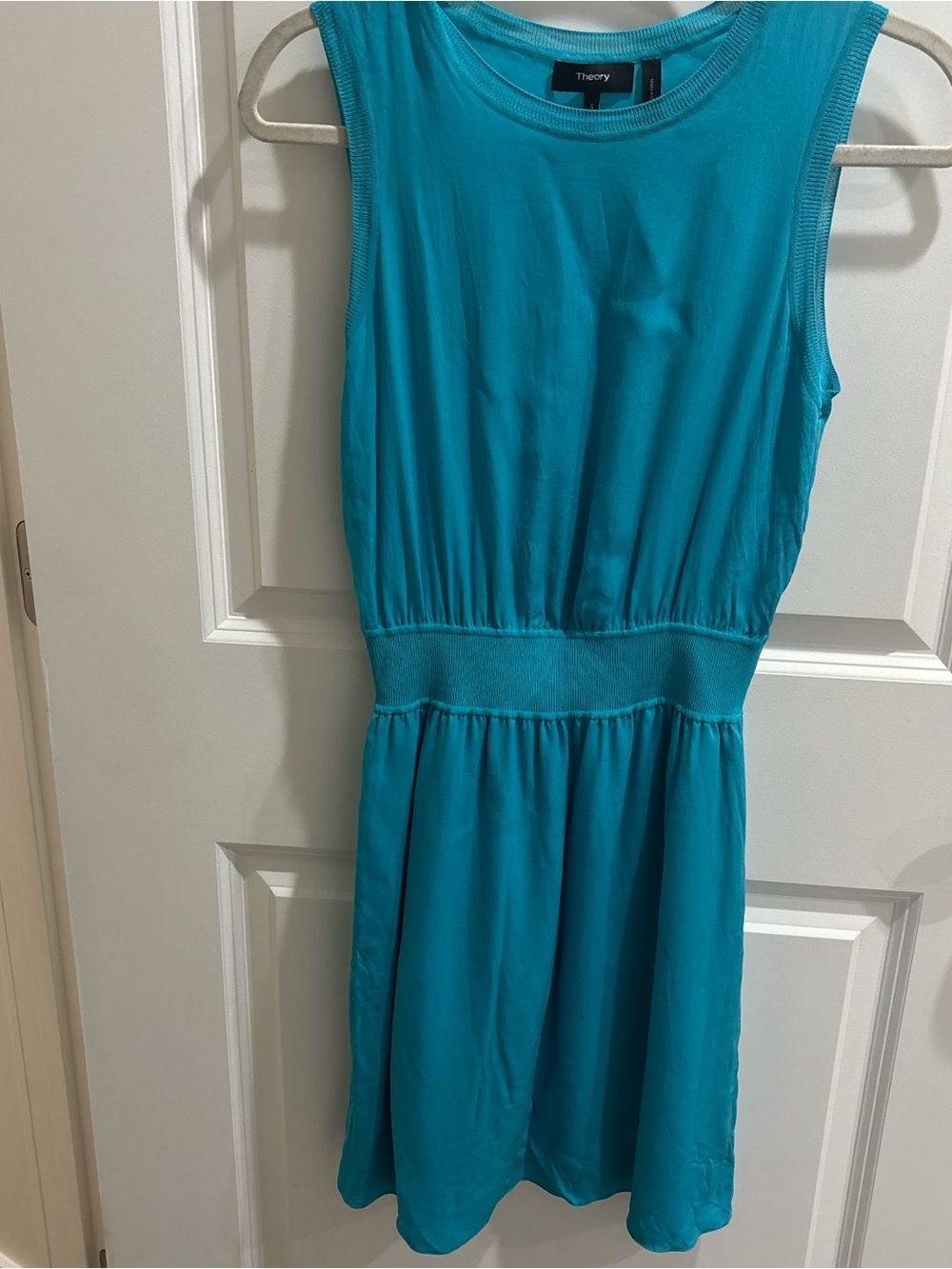 Theory Teal Silk Knit-Waist Mini Dress